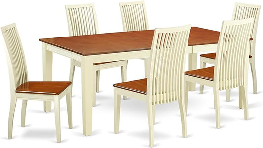 East West Furniture QUIP7-BMK-W 7 Piece Kitchen Table Set Consist of a Rectangle Dining Table with Butterfly Leaf and 6 Dining Room Chairs, 40x78 Inch, Buttermilk & Cherry