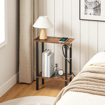 HOOBRO Small End Table with Charging Station, Set of 2, Narrow Side Table with USB Port and Outlets, Skinny Sofa Table, Slim Nightstand, Living Room, Bedroom, Rustic Brown and Black BF240UBZP201