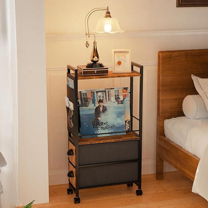 Narrow Side Tables with 2 Drawer for Small Spaces, Skinny Thin Bedside Nightstand End Table on Wheels, Rolling Slim Tall Desk with Storage Bag for Sofa Living Room Dorm Bedroom Couch Bathroom