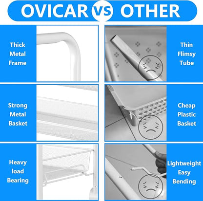 OVICAR 4 Tier Mesh Wire Rolling Cart, Kitchen Storage Organizer Utility Cart, Full Metal Basket Storage Art Trolley Carts with Wheels & 4 Side Hooks