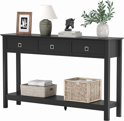 Treocho 53.1" Console Table with 3 Drawers, Modern Entryway Table, 2-Tier Narrow Long Sofa Table Behind Couch Table for Living Room, Hallway, Black