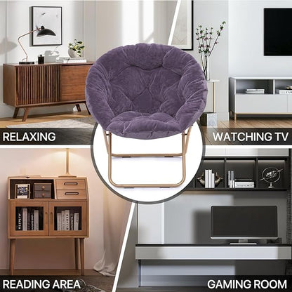MoNiBloom Round Folding Faux Fur Saucer Chair for Bedroom Living Room Dorm Foldable Metal Frame Oversized Large Comfy Furry Padded Soft Cozy Moon Chair with Footrest Ottoman for Adults (Purple)