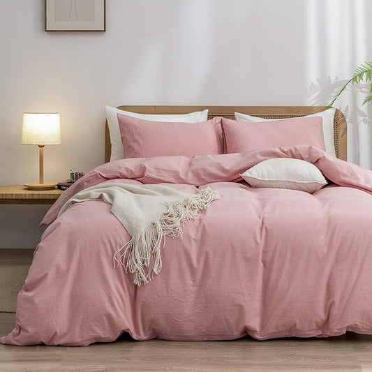 BESTOUCH Duvet Cover Set 100% Washed Cotton Linen Feel Super Soft Comfortable Chic Lightweight 2 PCs Home Bedding Set Solid Red Pink Twin/Twin XL