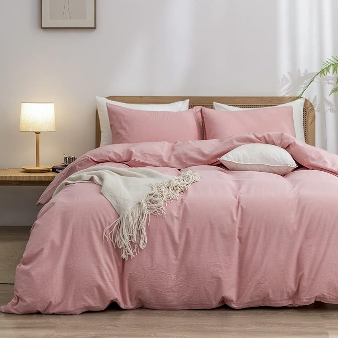 BESTOUCH Duvet Cover Set 100% Washed Cotton Linen Feel Super Soft Comfortable Chic Lightweight 3 PCs Home Bedding Set Solid Red Pink Cal King