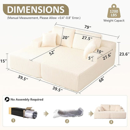Oversized 79” Double Chaise Lounge Sofa Bed, Deep Seat Corduroy Cloud Loveseat Chair, No Assembly, Plush Upholstered Sleeper for Living Room or Bedroom (Beige)