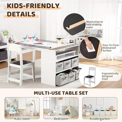 4 In 1 Kids Art Table and Chair Set,Toddler Craft Large Storage Desk with Portable Art Supply Organizer, Drawing Desk, Kids Activity and Study Table, Activity & Crafts for Children Wooden Furniture