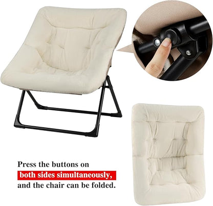 Comfy Saucer Chair for Adults, Soft Faux Fur Bedroom Chair with Ottoman, Accent Dorm Chairs, Living Room Reading Chairs and Footstool, Folding Lounge Seat for Teens, X-Large, Beige