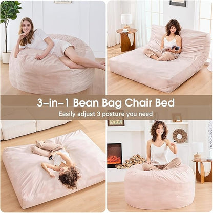 Bean Bag Chairs for Adults - Giant Bean Bag Chair Convertible Bean Bag Bed - Beanbag Chair with Micro Fiber Cover/Furniture Foam Filler - Floor Couch Sofa in Bedroom Dorm Room - Full Pink