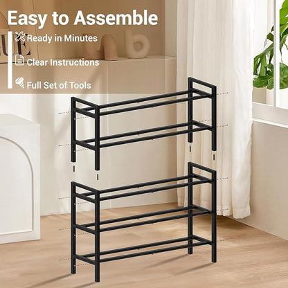 Haddockway Bamboo Shoe Rack for Closet, Free Standing Shoe Organizer with Smooth Round Rods & Convenient Handles, Stackable Shoe Storage Shelf for Entryway, Hallway(Black, 5-Tier)