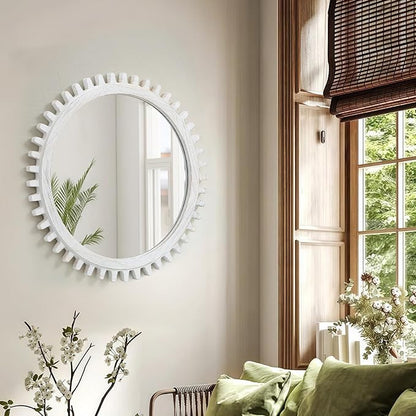 ULIKE Round Wood Mirror, 30 Inch Rustic Farmhouse Circle Mirror with Wooden Frame, Mordern Wall Decor for Bathroom Nursery Bedroom Living Room Entryway, White