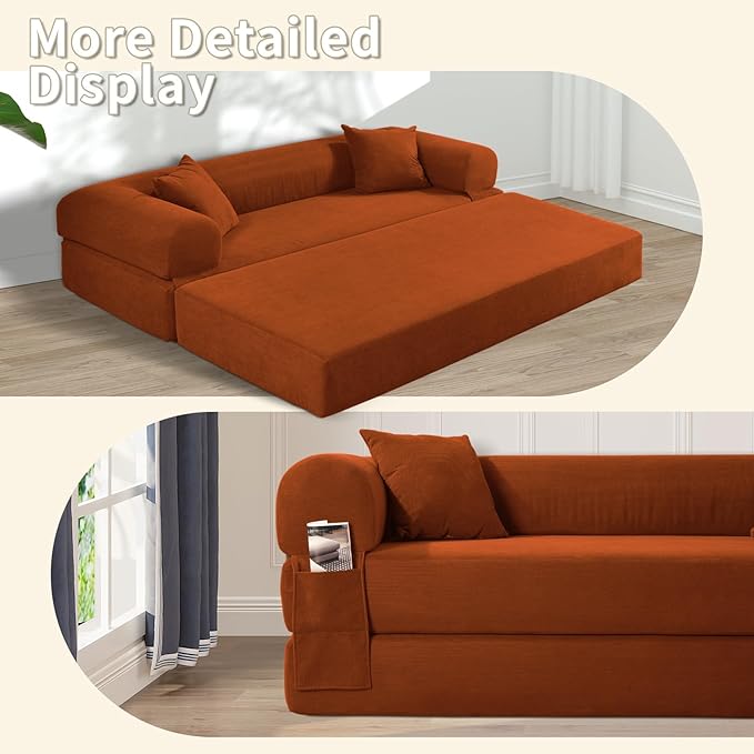 80" Convertible Sofa Bed, Corduroy Deep Seat Folding Pull Out Couch with Pillows, No Assembly Modern Boneless Couch Compression Sofa in Box, Floor Sofa with Storage Pocket for Living Room, Orange