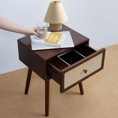 Bme Nipe Solid Wood and Rattan Nightstand, Fully Assembled, Woven Cane End Table, Bedside Table for Modern Bedroom, Boho Living Room with Tall Wood Legs Large Storage 1-Drawer, Walnut