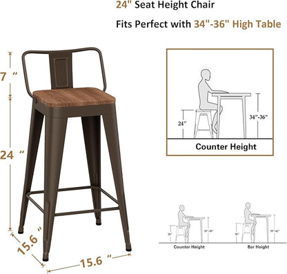 WENTMENT Industrial Rusty Bar Stools Set of 4, 24" Counter Height, Wooden Seat, Removable Back, Stackable