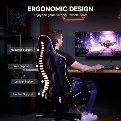 GTPLAYER Gaming Chair with Bluetooth Speakers and Footrest, Ergonomic Gamer Chair with Reclining Backrest, 3D Armrests, Adjustable Seat Height, Computer Desk Chair for Adults (White)