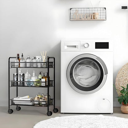 3 Tier Rolling Cart, Mesh Wire Utility Carts, Metal Storage Shelf with Wheels & 4 Side Hooks, for Laundry Room Organization, Kitchen, Living Room, Bathroom, Pantry, Dorm & Under Desk Storage