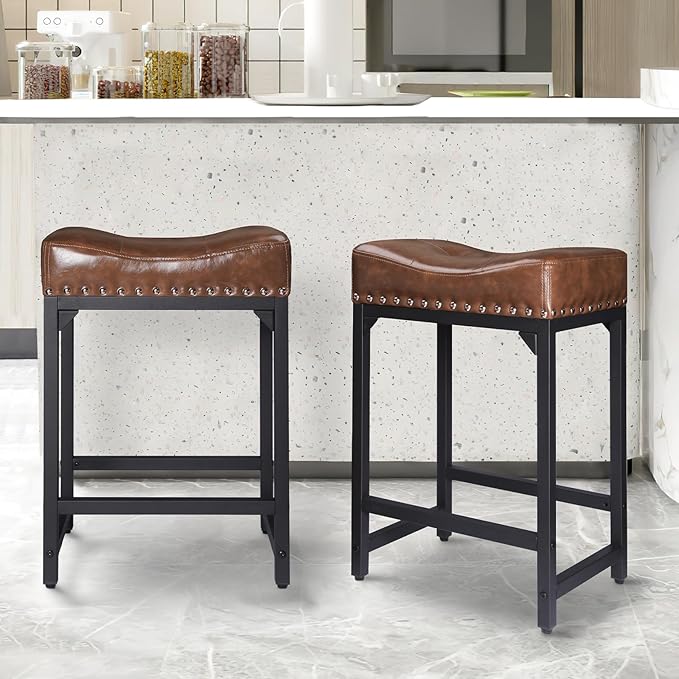 Bar Stools Set of 3, Counter Height Bar Stools for Kitchen Counter, 24 Inch Saddle Backless Barstools Kitchen Stool, Counter Height Stool for Dinning Room, Island-Brown