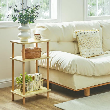 IBUYKE 3-Tier Side Table, Solid Wood Tall End Table with Storage Shelves, Nightstand Bedside Table for Living Room Bedroom Office, No-Tool Assembly, Light Natural UWST003S