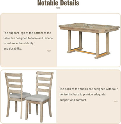 Ball & Cast 6 Piece Wood Dining Table Set with 4 Upholstered Chairs & 1 Bench,Kitchen Table and Chairs for 6 W/ 51.8" Rectangle Desk,for Restaurant,Home Bistro,Natural Wood Wash
