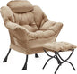 Lazy Chair with Folding Ottoman, Accent Chair Velvet Upholstered with Metal Structure and Non-Slip Pads, Sofa Armchair with Footrest and Side Storage Bag for Dorm, Room, Office, Khaki