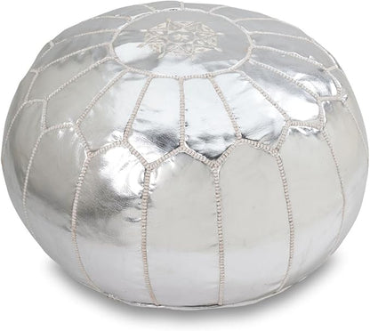 Stuffed Round Design Moroccan Leather Pouf Ottoman, Handmade, Pre-Filled, 100% Genuine Leather, 13” Height x 20” Diameter, Footstool & Living Room Décor (Silver)