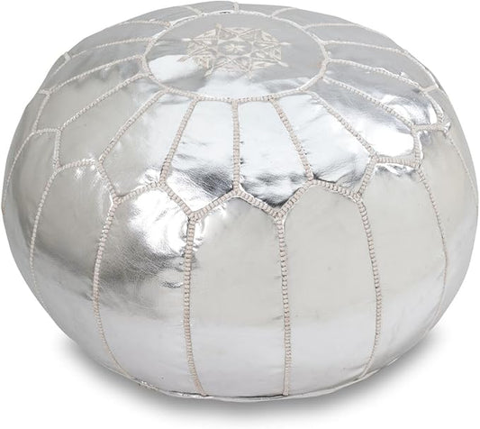 Stuffed Round Design Moroccan Leather Pouf Ottoman, Handmade, Pre-Filled, 100% Genuine Leather, 13” Height x 20” Diameter, Footstool & Living Room Décor (Silver)
