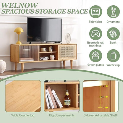 Welnow Rattan TV Stand for Up to 55 Inch, Mid Century Modern Bamboo Entertainment Center with 2 Cabinets & Adjustable Shelf, Storage Media Console Table for Living Room, Bedroom, Natural