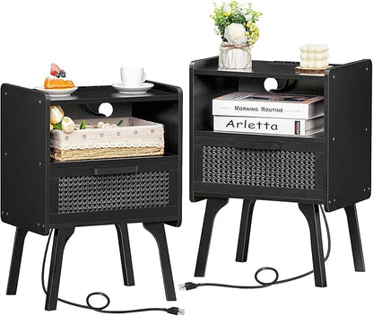 Lerliuo Rattan Nightstands Set of 2 with Charging Station, Boho Side Table with Drawer Open Shelf, Cane Accent Bedside End Table with Solid Wood Legs for Bedroom, Dorm and Small Spaces (Black)