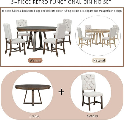 5 Pieces Dining Table Set with 42" Table,Living Room Furniture W/ 4 Upholstered Chairs,Tabletop Can be Adjusted from Round to Oval in Shape,for Restaurant,Home Bistro,Walnut