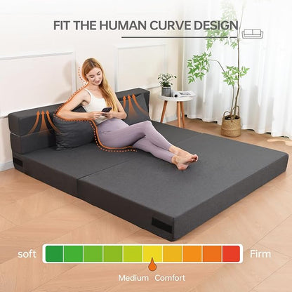 Folding Sofa Bed, Foldable Bed Sleeper Chair with Pillow, Convertible Sofa Bed with Washable Cover, Fold Out Couch,Futon Couch for Living Room, Dorm, Guest Room, Queen Size, Dark Grey