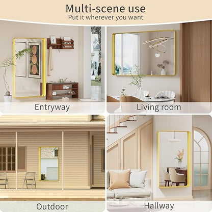 Koonmi Gold Wall Mirror for Bathroom, 36x60 Inch Matte Deep Framed Rounded Rectangle Vanity Mirror for Farmhouse Living Room, Tempered Glass, Anti-Rust, Vertically or Horizontally