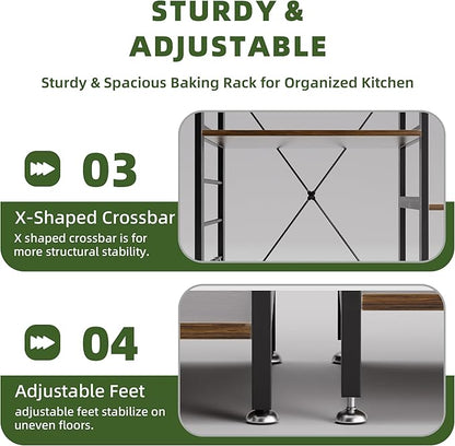 Baker’s Rack, Microwave Oven Stand with Bamboo Frame, 35.43" Coffee Bar with Wire Basket & 6 Hooks, 3-Tier Kitchen Storage Shelf Stand for Kitchen, Living Room, Office, Rustic Brown