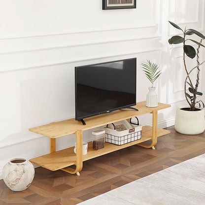 Welnow Bamboo TV Stand for Up to 65 Inch, Mid Century Modern Entertainment Center with 2-Tier Open Shelves, Storage Media Console Table for Living Room, Bedroom, Natural