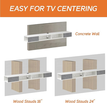 WAMPAT Floating 70in TV Stand, Entertainment Center Media Console, Wall Mounted Shelf Media Console Cabinet for Storage for 65/70/75 Inch TVs, White&Grey