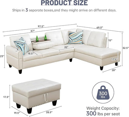 L Shaped Modular Sectional Sofa with Reversible Chaise Lounge, 5-Seater Corner Couch, PU Leather Convertible Sofá w/Movable Ottoman, Cup Holders, 2 Pillows and Rivet Ornament for Living Room