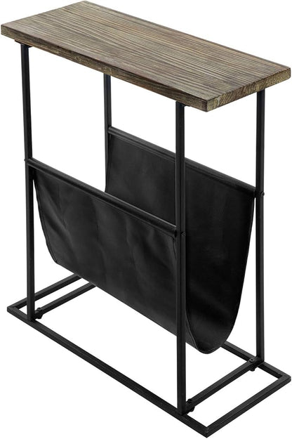 MyGift 21-Inch Modern Narrow Living Room End Table with Hand Torched Solid Wood Tabletop and Black Metal Frame, Bedroom Nightstand Side Table with Magazine Holder Sling