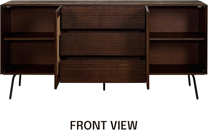 NTC MOSSIC Sideboard with 2 Doors and 3 Drawers, Buffet Cabinet with Natural Rattan and Metal Legs, Modern Storage Cabinet for Living Room, and Hallway, Effortless Assembly - Dark Walnut