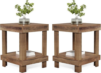 LITTLE TREE End Table Set of 2, All Wooden 2-Tier Square Side Table with Storage Shelves, Farmhouse Style Side End Table for Living Room, Small Bedside Table Nightstand for Bedroom, Reclaimed Natural