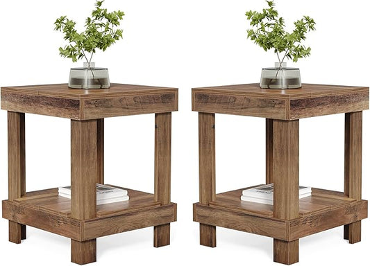 LITTLE TREE End Table Set of 2, All Wooden 2-Tier Square Side Table with Storage Shelves, Farmhouse Style Side End Table for Living Room, Small Bedside Table Nightstand for Bedroom, Reclaimed Natural