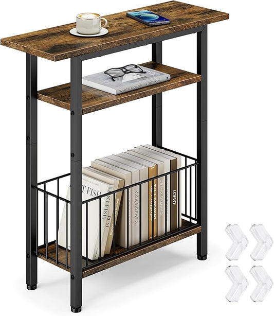 Vagusicc Narrow Side Table, 3-Tier Skinny End Table for Couch Sofa, Small Side Tables for Small Spaces, Bed Side Table with Storage, 25.2" Tall Slim Nightstand for Living Room, Bedroom, Rustic Brown