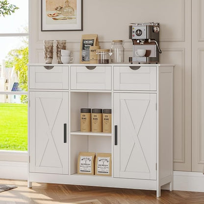 Storage Cabinet, Coffee Bar Cabinet with 2 Adjustable Shelves, 3 Drawers, and 2 Doors, for Bathroom, Kitchen, Living Room (White)