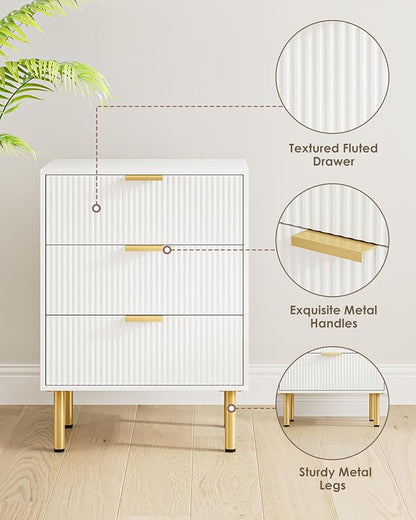 Night Stand,Tall Bedside Table with 3Storage Drawers,White Nightstand,Bedside Furniture,Side Table with Gold Frame,End Table for Bedroom,Living Room (Modern-3drawers, White)