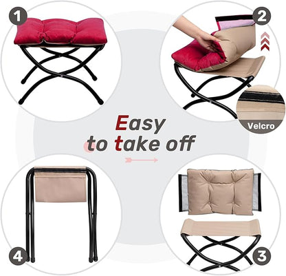 HollyHOME 15"(H) Folding Footrest Stool, Upholstered Small Foldable Ottoman, Accent Padded Sofa Foot Stool for Lazy Chair, Metal Frame Portable Foot Rest Ottoman for Living Room, Bedroom, Burgundy