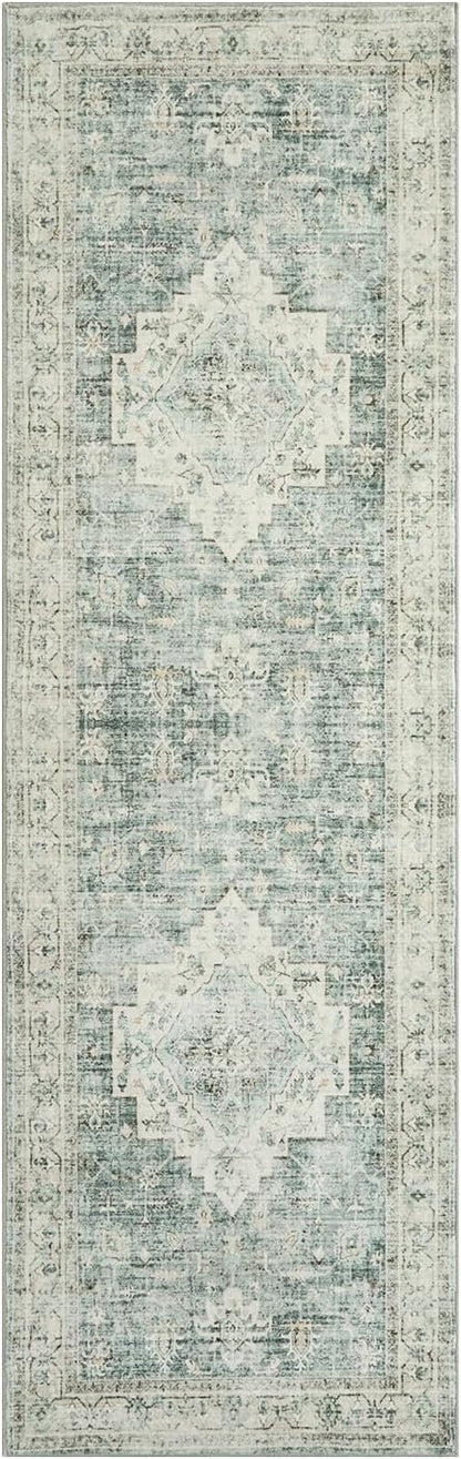 LIVEBOX Washable 2.5x8 Runner Rugs for Entryway Bathroom, Boho Kitchen Floor Mats Long Rug Runners for Hallways Non Slip, Farmhouse Low-Pile Carpet Runners for Laundry Room, Sage Green