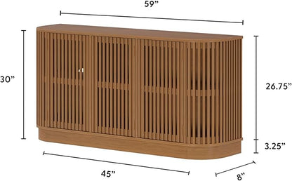 Plank+Beam Contour Wood TV Stand, Three Door Solid Wood Entertainment Console with Storage, 59" L x 16" W x 30" H, Pecan