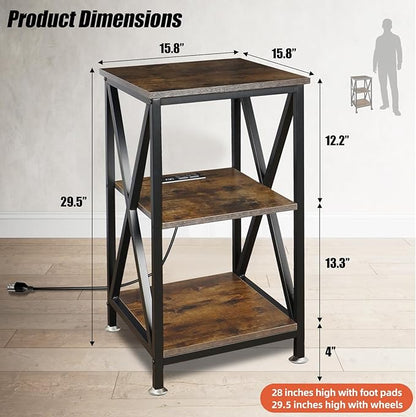 Square End Table with Charging Station, 3-Tier End Table Living Room, 16" D X 16" W X 28" H, Wood and Metal Table with USB Ports and Outlets, Side Table with Wheels for Living Room, Bedroom, Kitchen