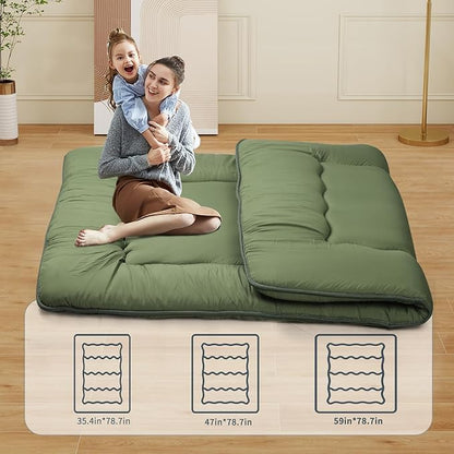 Japanese Floor Mattress,Roll Up Memory Foam Tatami Mat Easy to Store and Portable,Futon Mattress Suitable for Camping and Guest Room (Green, Full (80" X 47"))