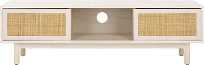 SAFAVIEH Aino TV Stand for up to 60" Flatscreen – Bleached White & Natural Rattan, 2 Sliding Doors with Interior Storage, 1 Open Shelf, Entertainment Media Console (MED9619C)