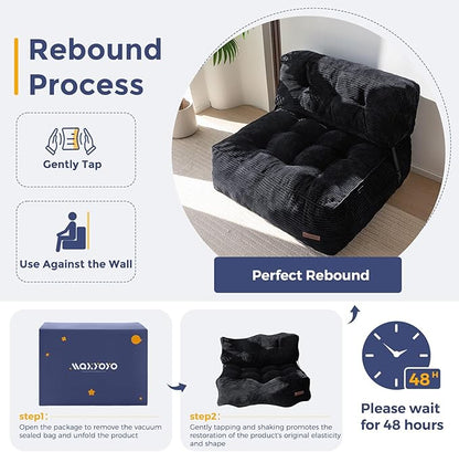 MAXYOYO Floor Sofa Bean Bag Sofa Couch, Comfy Floor Couch with Back Support, Portable Bean Bag with Filling, Corded Chair Seating for Living Room Bedroom Apartment, Black