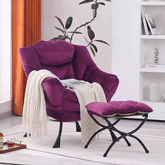 Lazy Chair with Ottoman, Modern Accent Chair Lounge Leisure Sofa Chair with Armrests, Reading Chair and Folding Footstool Set for Living Room, Bedroom, Office
