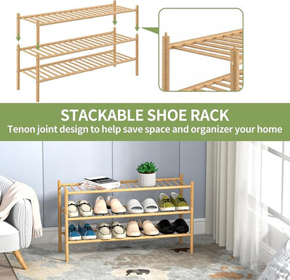 3-Tier Bamboo Long Shoe Rack, Free Standing Wood Shoe Shelf Storage Organizer for Closet Entryway Stackable 35"x11"x20" (Natural)